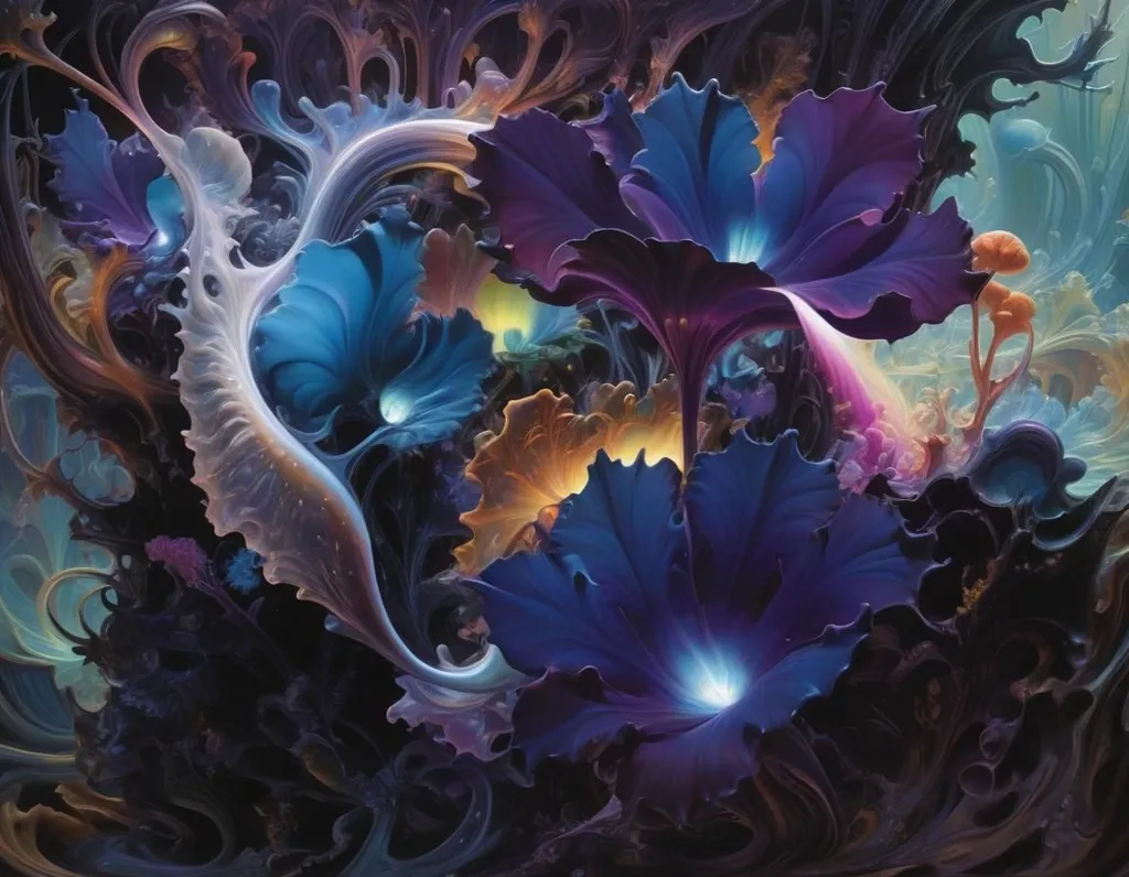 The image is a beautiful depiction of alien flowers. The flowers are of various shades of purple, blue, and pink, and they are surrounded by lush green leaves. The background is a dark, starry sky, which gives the image a sense of mystery and wonder. The flowers are also surrounded by strange, glowing mushrooms, which add to the alien feel of the image.