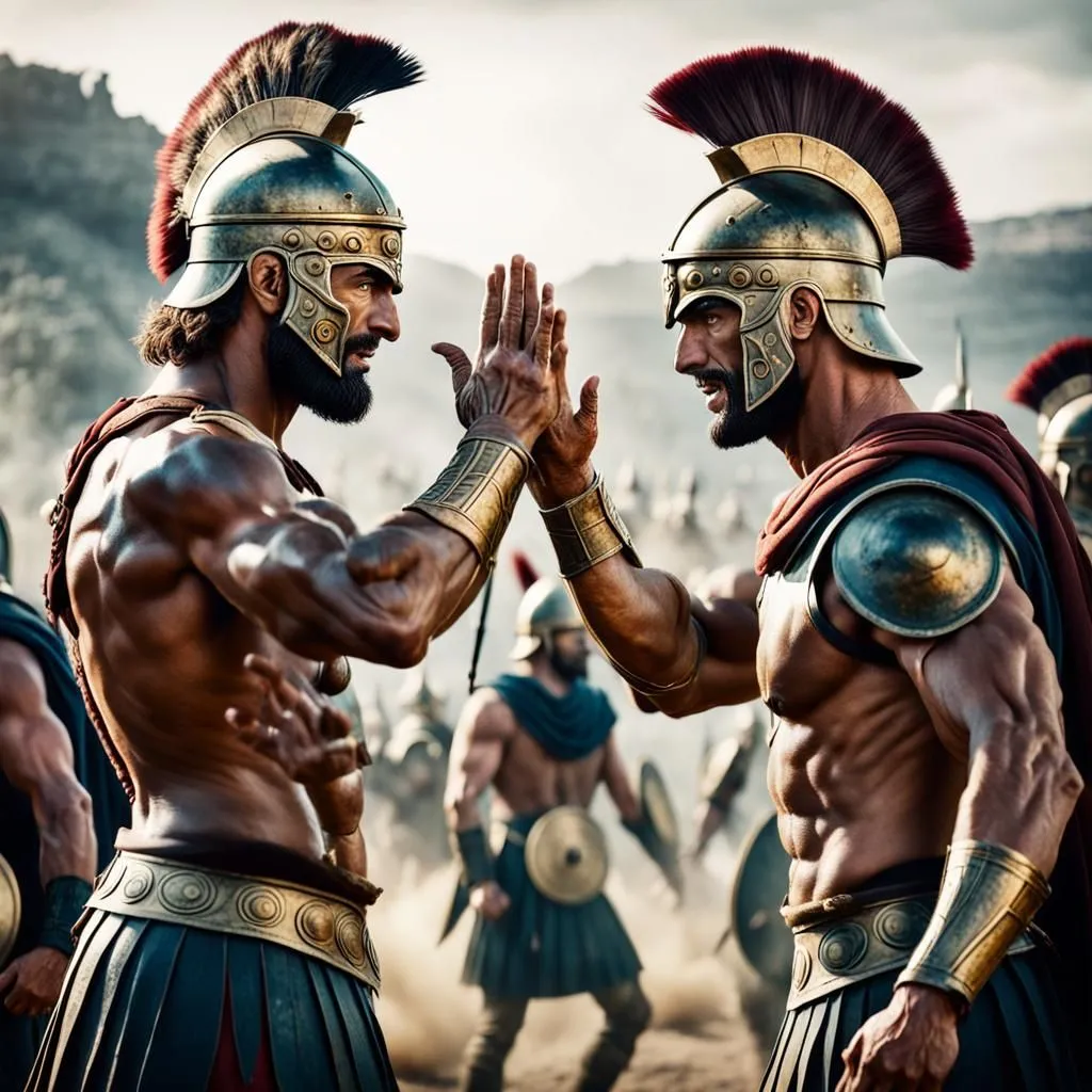 In the midst of an ancient battlefield, two muscular warriors, adorned in gleaming armor and crested helmets, face each other with determination in their eyes. Their rippling muscles and intense expressions convey the gravity of the impending clash. The warriors raise their arms, not in hostility, but in a display of strength and unity. Their hands meet in a resounding slap, echoing through the battlefield. The resounding thud reverberates through the ranks of soldiers, instilling a sense of awe and camaraderie among their fellow warriors.