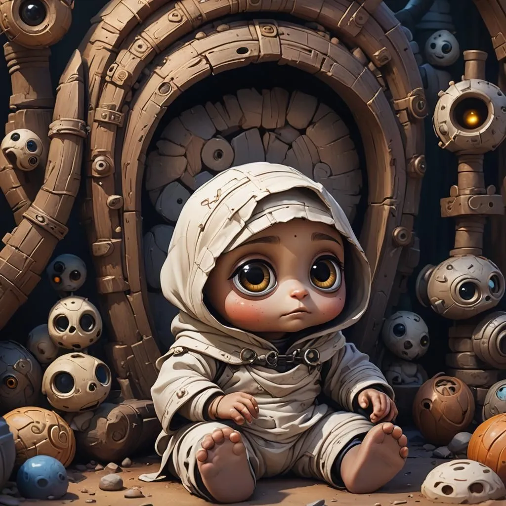 The image is a 3D rendering of a cute baby. The baby is sitting on the ground in front of a large door. The baby is wearing a white robe and has brown eyes and hair. The door is made of wood and has a large metal handle. The ground is covered in sand.