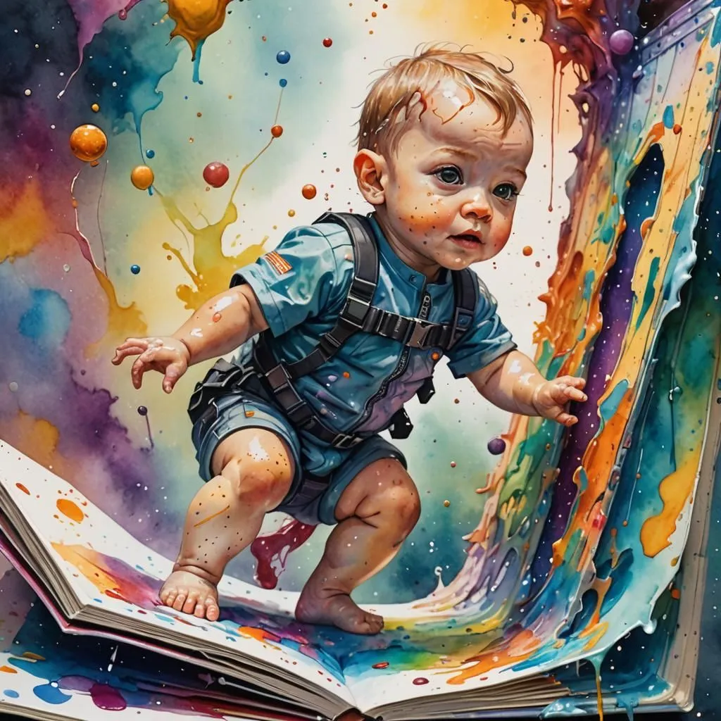 A baby is sitting on a book. The baby is surrounded by colorful paint. The baby is looking at the camera. The baby is wearing a blue and white outfit. The baby has a paintbrush in his hand. The baby is smiling.