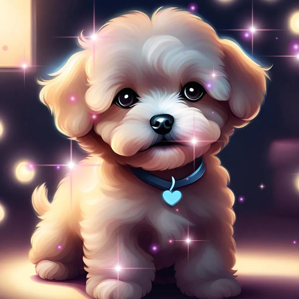 The image shows a cute puppy with big eyes and a fluffy coat. The puppy is sitting down and looking at the viewer with a curious expression. The puppy has a blue collar with a heart-shaped tag. The background is a dark blue color with a few white stars. The puppy is surrounded by a soft light.