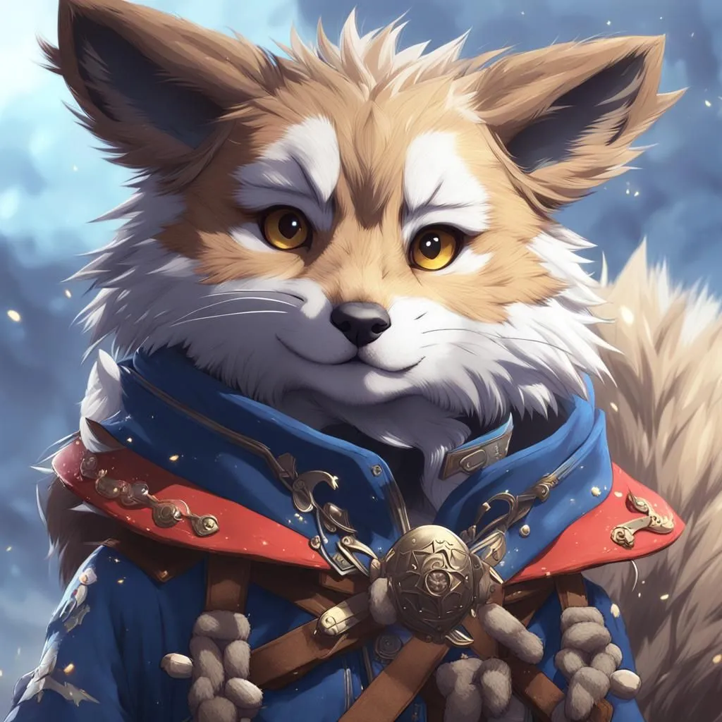 This is an image of a cartoon fox. It has large, pointed ears and a long, bushy tail. Its fur is orange, white, and brown. It is wearing a blue and red outfit. It has a friendly expression on its face and looks like it is about to speak.