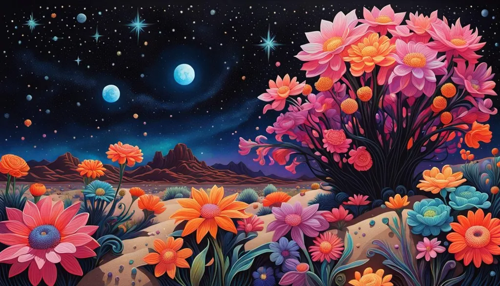 The image is a beautiful depiction of a desert in bloom. The foreground is filled with colorful flowers of all shapes and sizes, while the background shows a starry night sky and distant mountains. The colors are vibrant and saturated, and the overall effect is one of wonder and beauty. The image is reminiscent of the work of Georgia O'Keeffe, and it is a stunning example of botanical art.