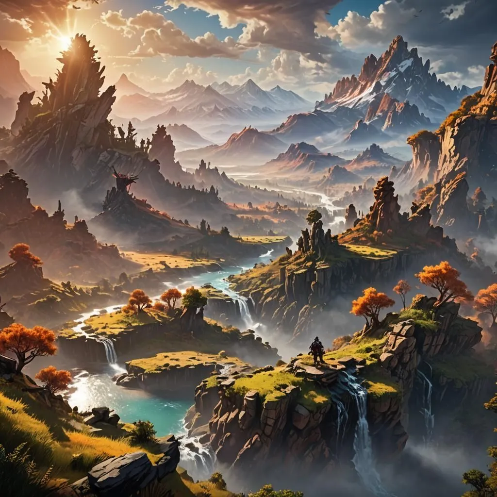 The image is of a vast mountain landscape. There are many mountains in the background, and a river running through the valley in the foreground. The river is wide and there are many waterfalls. The mountains are covered in snow. There are some trees in the foreground, and they are all different colors. The sky is blue and there are some clouds.