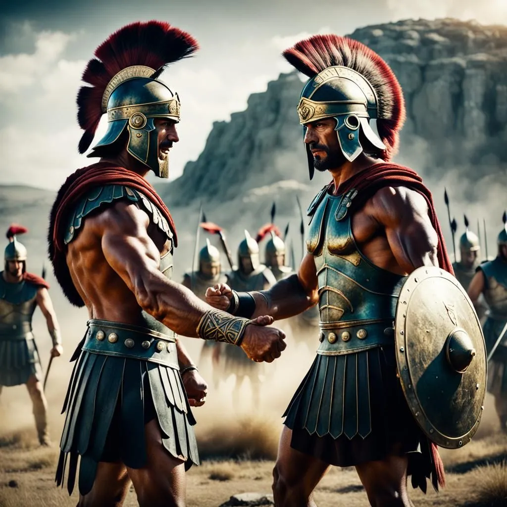 In the midst of a rocky battlefield, two muscular warriors, adorned in gleaming armor and crested helmets, face each other with unwavering determination. Their rippling muscles and steely gazes reflect the intensity of their imminent confrontation. One warrior, his bronze breastplate gleaming in the sunlight, grips his sword tightly, ready to unleash his fury upon his opponent. His adversary, equally formidable, brandishes a shield and spear, his stance radiating confidence and readiness. The surrounding soldiers stand in awe, their weapons at the ready, anticipating the clash between these two titans of combat. The atmosphere is charged with tension as the warriors exchange a final, silent acknowledgment, their eyes locked in a fierce determination to emerge victorious.