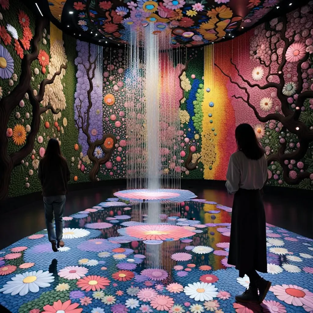 The image is a beautiful and immersive floral installation. The room is filled with colorful flowers of all different shapes and sizes. There is a waterfall of flowers in the center of the room, and the floor is covered in a sea of flowers. Two women are standing in the room, taking in the beauty of the installation. The image is a feast for the eyes, and it is easy to get lost in the beauty of the flowers.