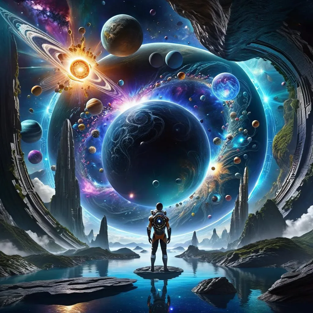 The image is set in a vast and colorful universe. There are many planets, stars, and galaxies in the background. In the foreground, there is a figure standing on a small planet. The figure is wearing a spacesuit and is looking out at the universe. The image is very beautiful and awe-inspiring. It makes you feel small and insignificant compared to the vastness of the universe.