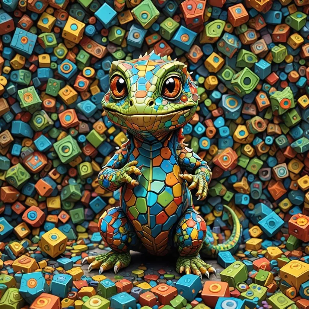 The image depicts a colorful chameleon sitting in front of a background filled with an array of small, brightly colored cubes. The chameleon is standing on a pile of the same cubes. The chameleon has bright orange eyes and a wide mouth. Its body is covered in a pattern of multicolored scales. The cubes in the background are arranged in a random pattern and create a sense of depth. The image is rendered in a realistic style and the colors are vibrant and saturated.