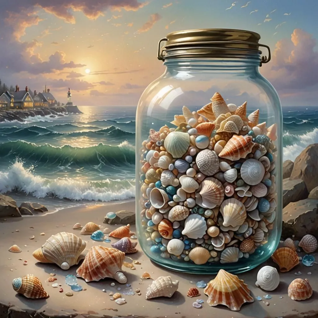 In an exquisite digital painting, a large glass jar filled with a myriad of seashells sits on the sandy shore, capturing the essence of the beach. The jar is positioned on a bed of larger shells, adding depth and texture to the composition. The setting sun casts a warm golden glow over the tranquil sea, while seagulls gracefully glide across the sky above. In the distance, a lighthouse stands tall on a rocky promontory, its light guiding sailors safely through the night. The painting exudes a sense of peace and tranquility, inviting viewers to lose themselves in the beauty of the coastal landscape.