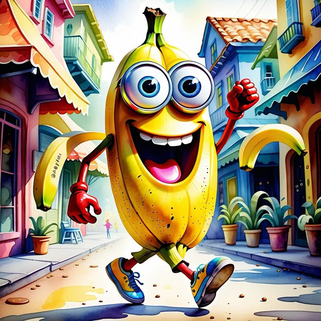 This is a picture of a banana. It has big, blue eyes and a happy smile on its face. It is wearing a red glove on one hand and a blue glove on the other hand. It is also wearing blue sneakers. It is standing in a colorful street with buildings on each side. There are plants in front of the buildings. The banana is holding its arms up and looks like it is having a lot of fun.