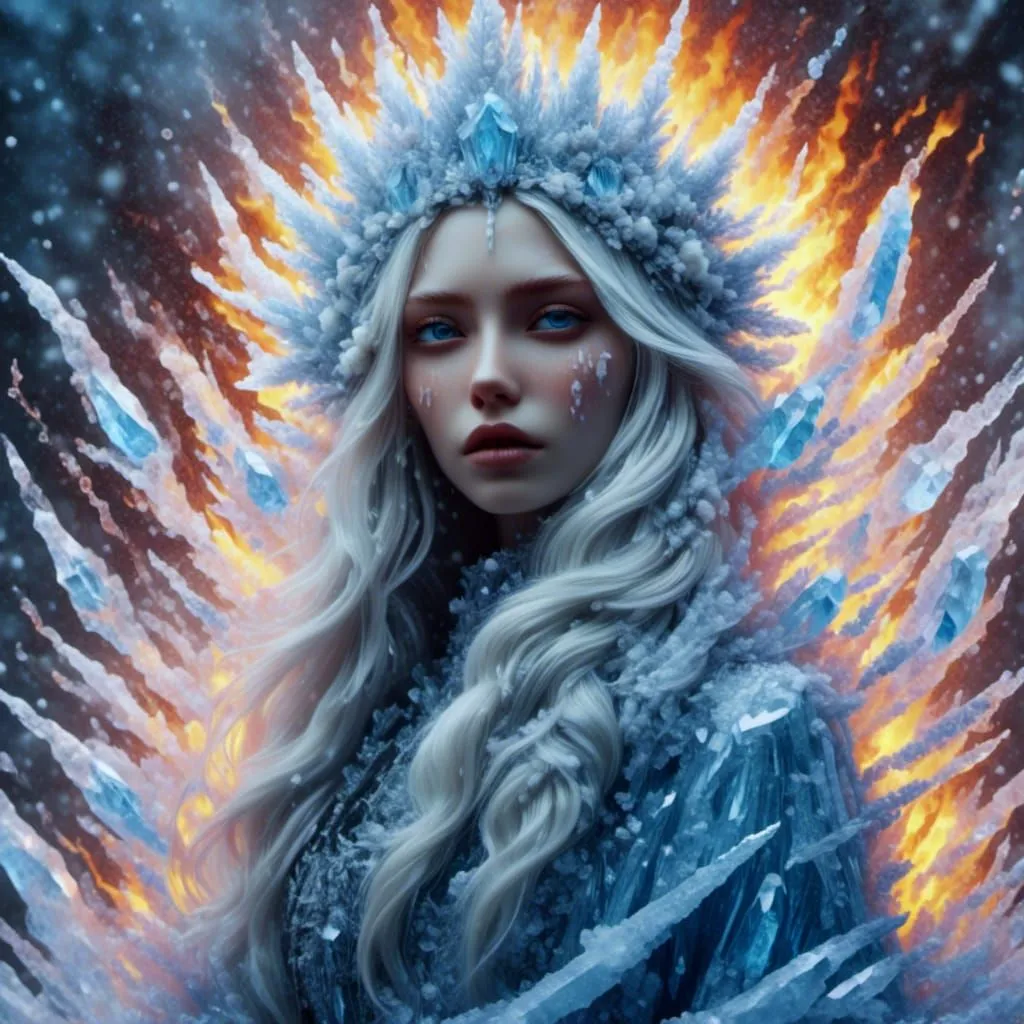 This is an image of the Snow Queen. She is a beautiful woman with long white hair and blue eyes. She is wearing a crown made of ice and crystals, and her dress is made of snowflakes. She is surrounded by flames, but she does not seem to be harmed by them. The Snow Queen is a powerful and dangerous creature, but she is also very beautiful and mysterious.