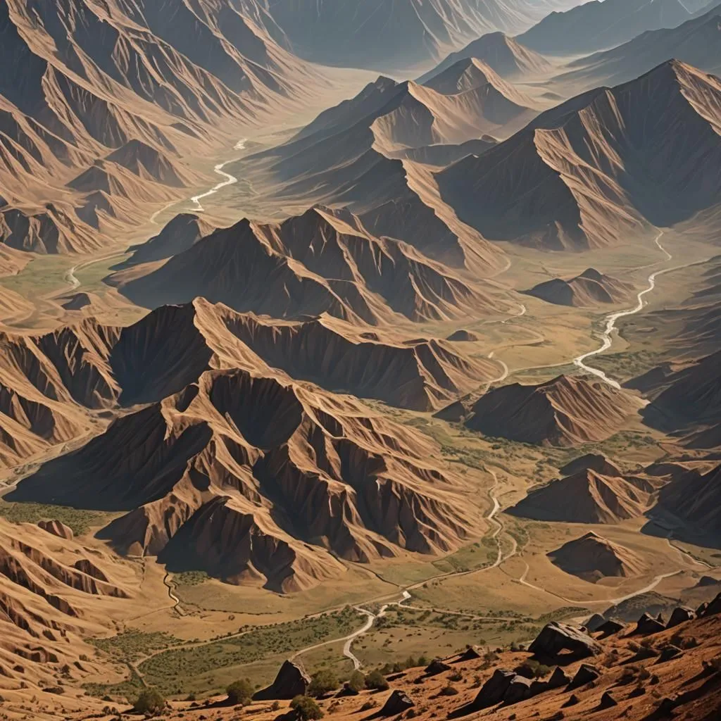 The image shows a mountain range with a river running through it. The mountains are very high and steep, and the river is very wide. The mountains are covered in snow, and the river is a light blue color. The sky is very clear, and the sun is shining. There are no trees or other vegetation in the image.