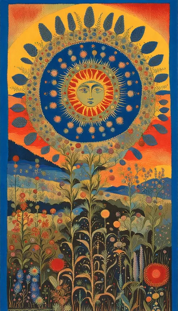 The image is a colorful and vibrant depiction of the sun and nature. The sun is the centerpiece of the image, and it is depicted as a large, round face with a yellow and orange glow. The sun is surrounded by a blue circle, which is in turn surrounded by a ring of stars. The sun is also surrounded by a number of plants and flowers, which are depicted in great detail. The image is full of life and energy, and it conveys a sense of joy and optimism.