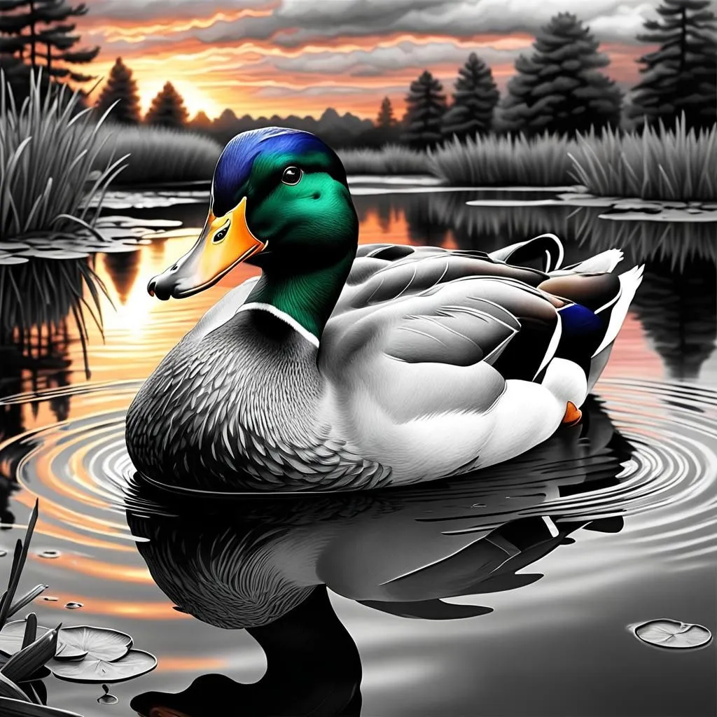 A majestic mallard duck is paddling in a tranquil pond. The duck's vibrant green head and neck feathers glisten in the sunlight, contrasting with its gray and white body feathers. The duck is surrounded by a lush green forest, and the sun is setting behind the trees, casting a warm glow over the scene. The duck is alert and watchful, its eyes scanning the water for any sign of danger.