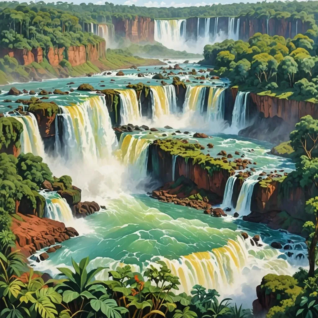 The image is of a waterfall. The waterfall is very tall and wide. The water is falling from a cliff into a pool of water. The waterfall is surrounded by a lush green forest. The forest is filled with tall trees and thick vegetation. The waterfall is a beautiful and majestic sight. It is a reminder of the power of nature.