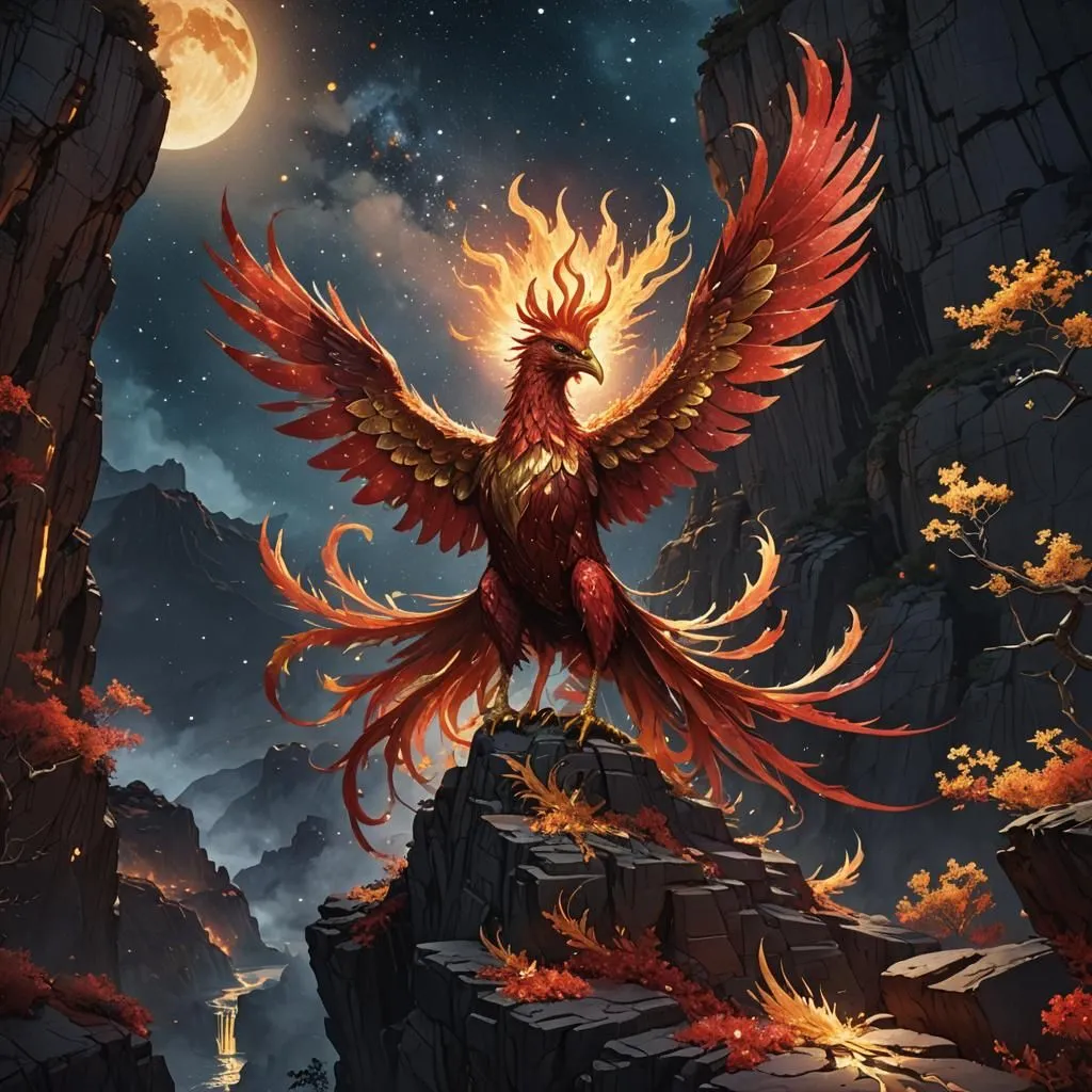 A majestic phoenix stands atop a rock in the middle of a mountain range. The phoenix is surrounded by flames and has its wings spread wide. The background is a dark sky with a full moon. The phoenix is a symbol of hope and renewal.