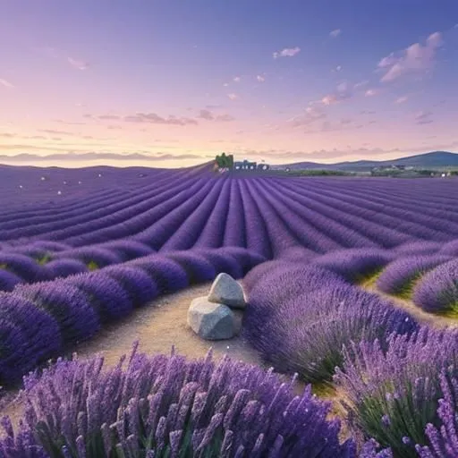 The image shows a field of lavender in bloom. The lavender is a beautiful purple color, and it is in full bloom. The field is large, and it is surrounded by trees and hills. There is a path running through the middle of the field. The sky is blue, and there are some clouds in the distance. The sun is shining brightly, and it is a beautiful day. The image is very calming and peaceful.