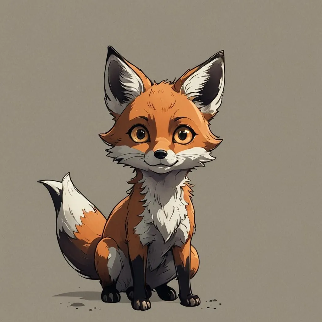 The image is a cartoon fox. It has big ears and a long tail. The fox is sitting on the ground and looking at the viewer. It has a friendly expression on its face. The fox is mostly orange, with white on its belly and the tip of its tail. The inside of its ears are also white. It has black eyes and a black nose.