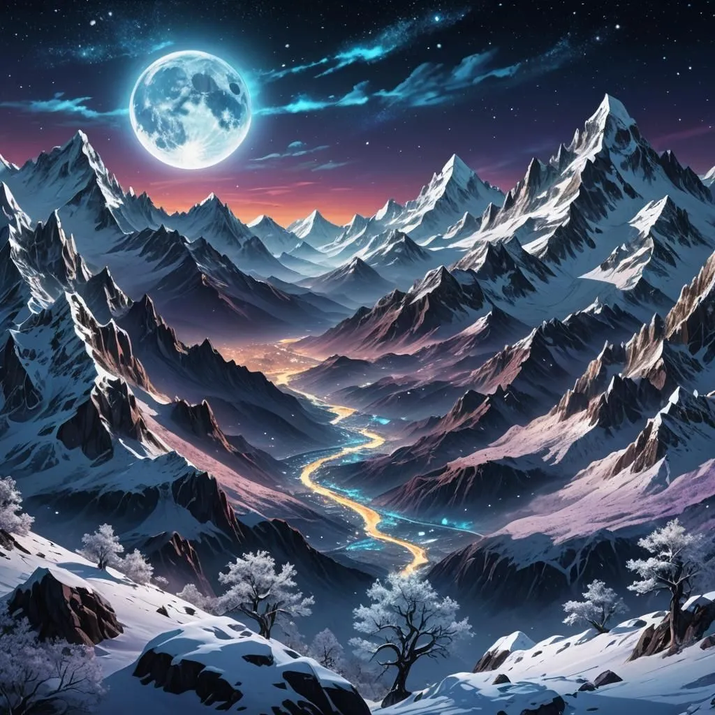 The full moon is rising over the snow-capped mountains. The sky is dark and starry. The mountains are covered in snow and ice. The river is flowing through the valley. The trees are bare. The snow is falling. The scene is beautiful and serene.