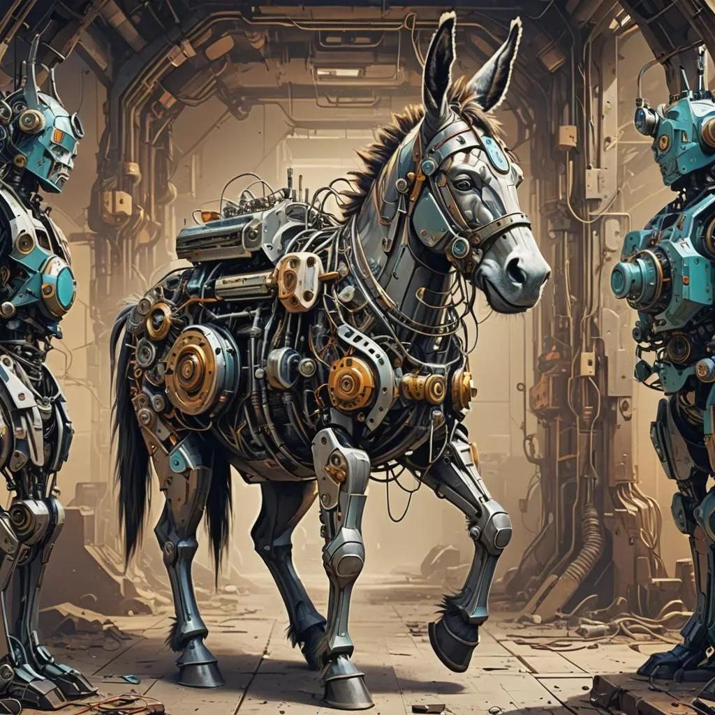 The image is a steampunk donkey. It is made of metal and has a variety of gadgets and gizmos attached to it. It is standing in a dark room with two robots standing behind it. The donkey is looking at the camera.