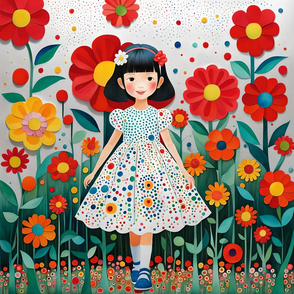 The little girl is wearing a white dress with colorful polka dots. Her hair is black and short. She has a flower in her hair. She is standing in a field of flowers. The flowers are colorful and bright. The background is white with polka dots. The little girl is smiling. She is happy.