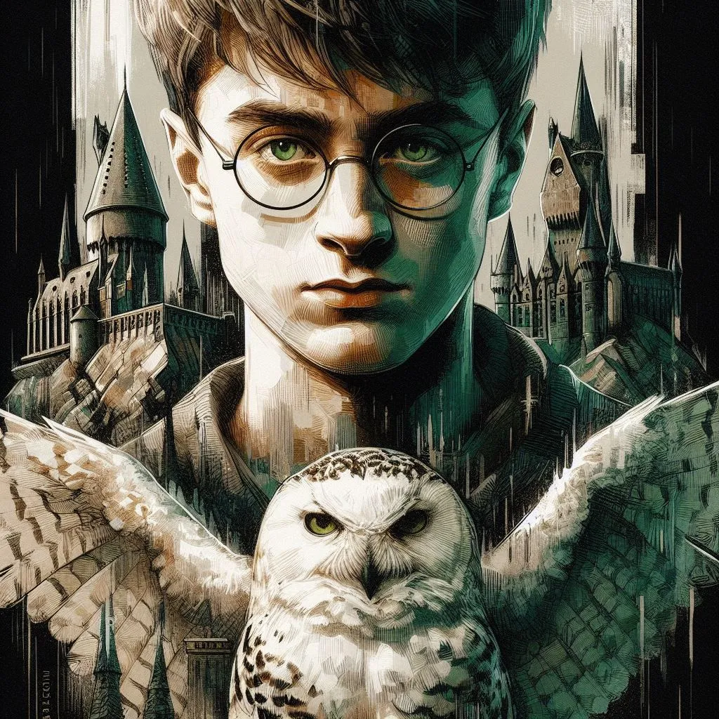 This is a picture of Harry Potter, a character from the Harry Potter series. He is a young wizard who attends Hogwarts School of Witchcraft and Wizardry. He is accompanied by his owl, Hedwig. The background is a castle, which is Hogwarts.