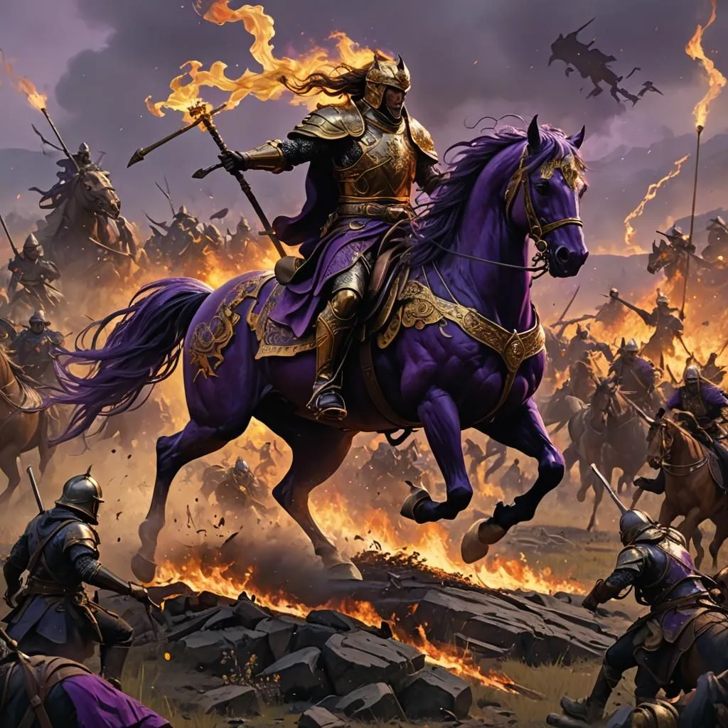 In the midst of a fierce battle, a valiant warrior charges on a majestic purple horse. The warrior is clad in gleaming golden armor and wields a mighty warhammer, while the horse is adorned with intricate barding. Together, they make an unstoppable force, cutting through the enemy ranks like a whirlwind. The warrior's face is obscured by his helmet, but his eyes are filled with determination and courage. He is a true hero, and his deeds will be sung of for generations to come.