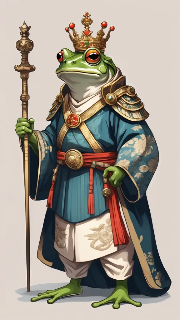 The image shows a anthropomorphic frog wearing a blue robe with golden and red accents. The frog is also wearing a red and gold crown and is holding a golden scepter. The frog is standing on a white background and is looking at the viewer with a stern expression.