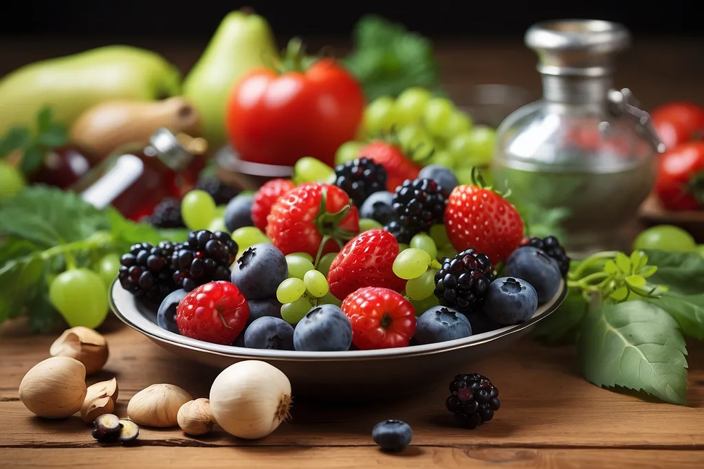 A bowl of blueberries, raspberries, blackberries, and grapes sits on a wooden table. The bowl is surrounded by other fruits and vegetables, including tomatoes, pears, and nuts. The image is shot from a high angle, and the background is blurred. The overall effect is one of abundance and health.