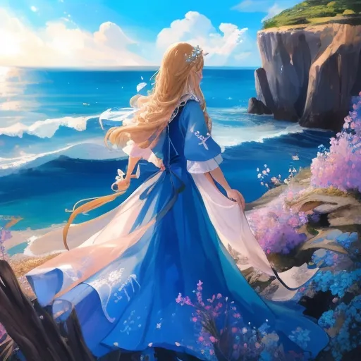 The image is a beautiful anime girl standing on a cliff overlooking the ocean. She is wearing a long blue dress with white sleeves and a white sash. Her long blond hair is blowing in the wind. The ocean is a deep blue color and the waves are crashing against the cliff. The sky is a light blue color with white clouds.