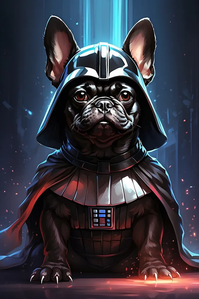 The image shows a French Bulldog dressed as Darth Vader from Star Wars. The dog is wearing a black cape and a black helmet with a red visor. It is standing in front of a blue background with a red light on the bottom. The dog has its paws out in front of him and is looking at the viewer.