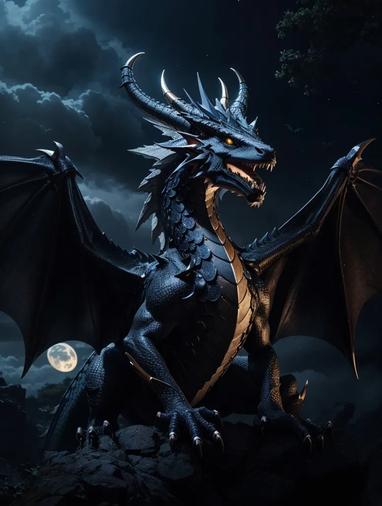 A magnificent black dragon perches on a rocky outcropping, its powerful wings spread wide. The moonlight shines on its sleek scales, revealing the intricate patterns that adorn its body. The dragon's eyes are a deep, piercing gold, and they seem to glow with an inner fire. Its mouth is open, and its sharp teeth are bared in a menacing snarl. The dragon's tail is long and sinuous, and it ends in a barbed tip. The creature is surrounded by a dark, stormy sky, and the trees in the background are silhouetted against the亮光. The dragon is a powerful and majestic creature, and it is clear that it is not to be trifled with.