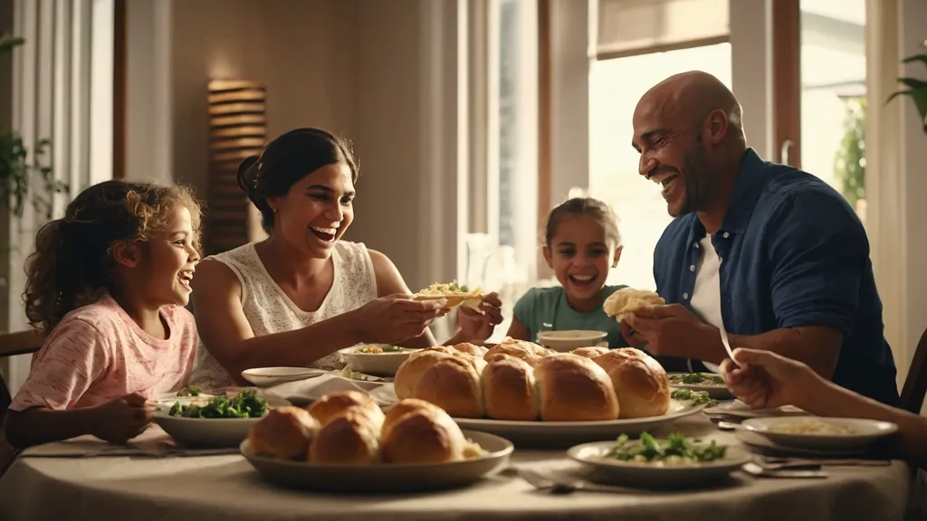 The picture shows a family of four sitting at a table and eating dinner. There are two adults, a boy and a girl. The adults are both smiling and laughing, and the children are also smiling. The table is set with a variety of food, including bread, salad, and soup. The family is enjoying their meal and having a good time together.