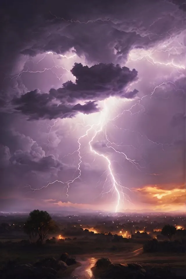 A powerful thunderstorm sweeps across a rural landscape. The inky black clouds are lit up by frequent bolts of lightning. The storm is in the distance, but the closer trees are being blown by the wind and the rain is coming down in sheets. The scene is one of raw power and beauty.