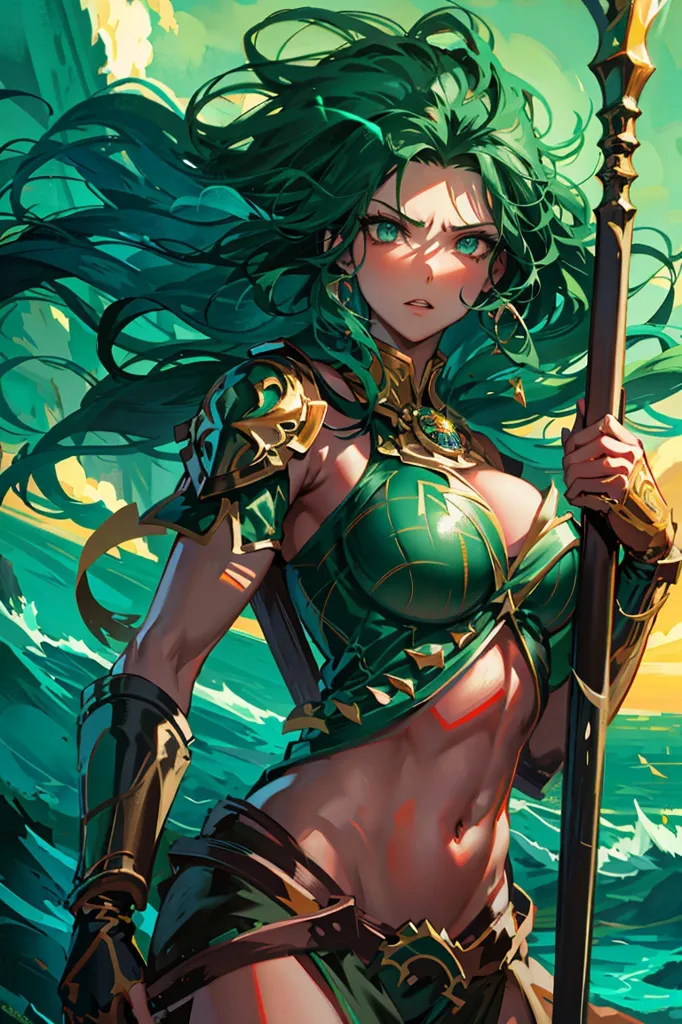 The picture shows a green-haired anime girl standing in front of a blue-green background. She is wearing a green bikini top and green pants. She is also wearing a green cape and has a green staff in her hand. She has a serious expression on her face.