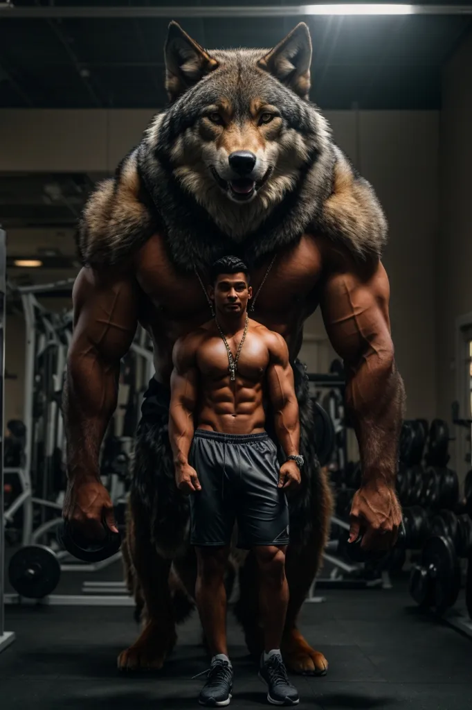 The image shows a muscular man standing next to a giant wolf. The man is wearing a grey tank top and black shorts, and the wolf is covered in fur. The wolf has its paw on the man's shoulder, and the man has his hand on the wolf's paw. They are both looking at the camera. The background is a dark gym with barbells and weightlifting equipment.