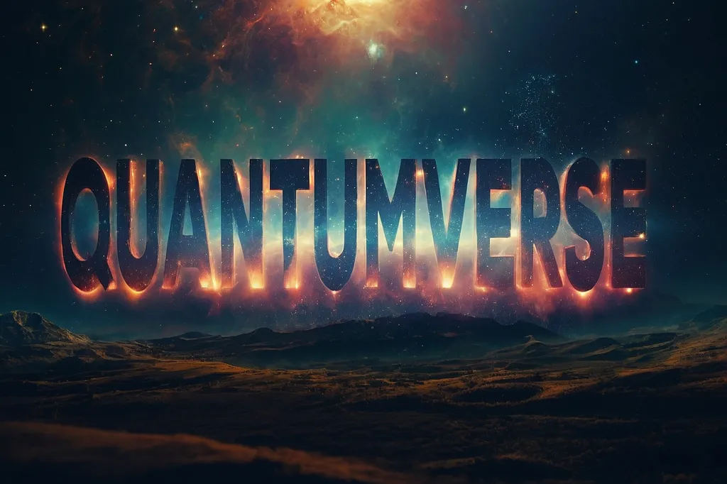 The image is set in a vast, starry night sky. There are mountains in the foreground, and a bright, glowing nebula in the background. The word "QUANTUMVERSE" is written in large, fiery letters in the center of the image.