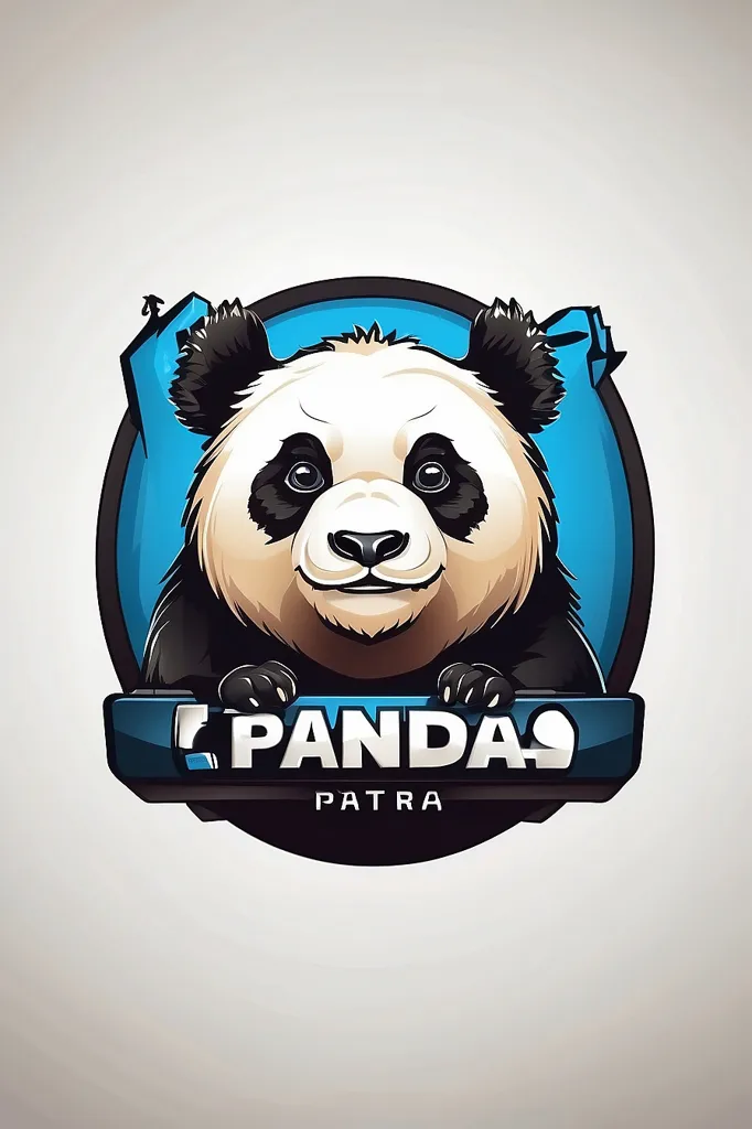 The image is a cartoon panda. It has black and white fur, with a round face and big eyes. It is smiling and has its paws on a blue and black sign that says "Panda". The background is white.