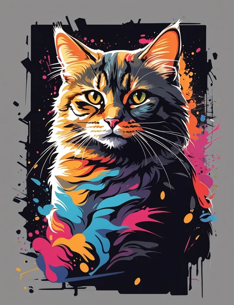 A digital painting of a cat with bright, vibrant colors. The cat is sitting with its eyes narrowed and is surrounded by colorful paint splatters. The background is a dark, neutral color, which makes the cat stand out. The cat's fur is a mix of orange, yellow, black, and white, and its eyes are a bright green. The painting has a modern, abstract feel, and the cat's expression is both curious and intense.