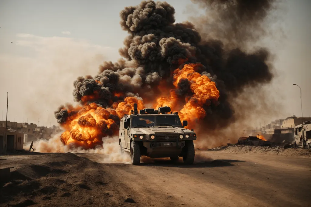 In the middle of a war zone, an armored military vehicle speeds down a road, its powerful engine roaring as it narrowly avoids an explosion. The vehicle is surrounded by smoke and flames, but it continues to push forward. The driver is determined to get to his destination, no matter what the cost.