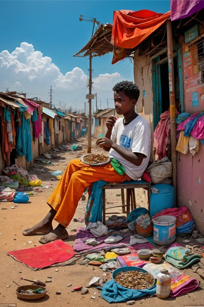 A young boy sits on a stool in a slum. He is wearing a white shirt and orange pants. The boy is eating a meal from a bowl. There is a blue plastic container on the ground next to him. The ground is covered in trash. There are shacks made of corrugated metal and wood. The sky is blue, and there are clouds.