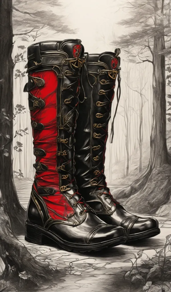 A pair of black leather boots with red cloth wrapped around the legs. The boots are decorated with metal buckles and studs. The boots are sitting in a dark forest.