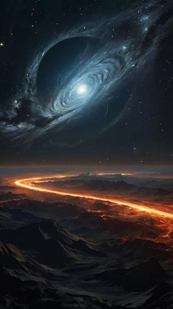 The image is set in a vast, dark space. In the center of the image, there is a bright, swirling galaxy. The galaxy is surrounded by stars and dust. There is a planet in the foreground of the image. The planet is covered in mountains and valleys. The planet's surface is lit up by the light of the galaxy. The image is very beautiful and awe-inspiring. It gives the viewer a sense of the vastness of space and the beauty of the natural world.