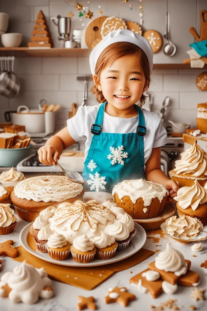 A small child is pictured in a kitchen, wearing a white chef's hat and a blue apron. The child is smiling and appears to be enjoying herself. She is surrounded by various baking ingredients and成品. There are cakes, cupcakes, cookies, and other pastries on the table. The child is holding a spatula and is carefully spreading icing on a cake. The background of the image is a kitchen, with a stove, oven, and refrigerator. The image is warm and inviting, and it evokes the feeling of baking and cooking.