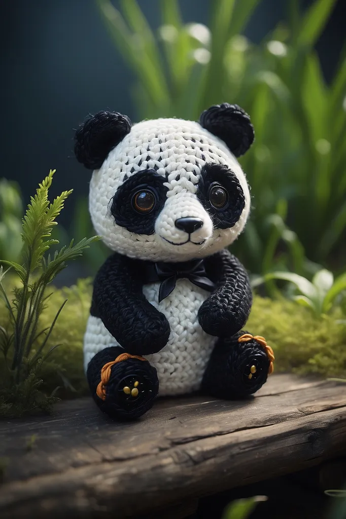 A cute and cuddly panda sits on a wooden log. The panda is made of black and white yarn with orange details. It has big, round eyes and a friendly smile. The panda is surrounded by green plants and flowers. The background is a blur of green leaves. The panda is looking at the camera and seems to be very happy.