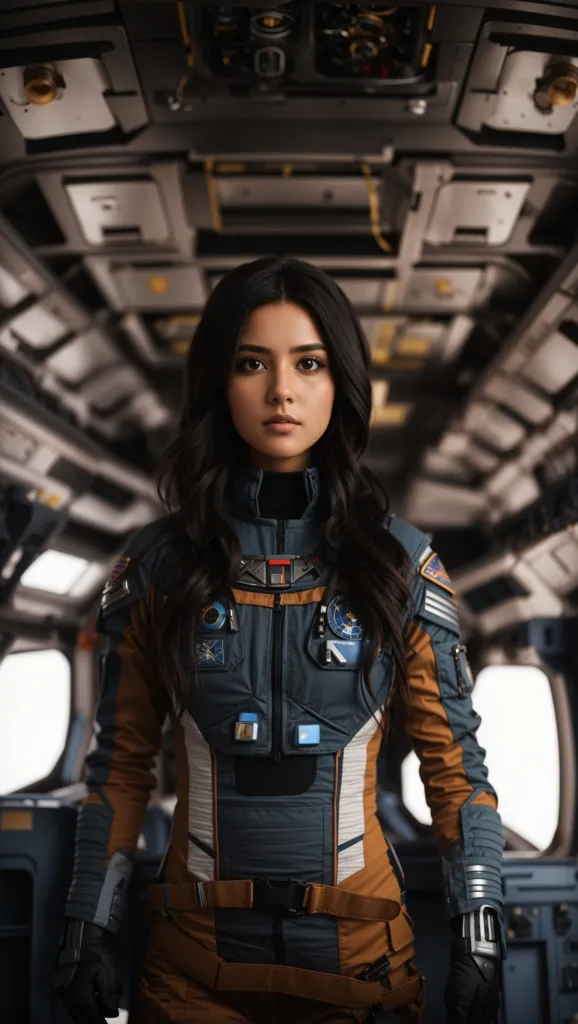 A young girl in a spacesuit is standing in a spaceship. She is looking at the camera with a serious expression. She has long dark hair and brown eyes. She is wearing a blue and orange spacesuit with a white collar. The spacesuit has a lot of buttons and zippers. She is also wearing a backpack and a helmet is attached to her spacesuit.