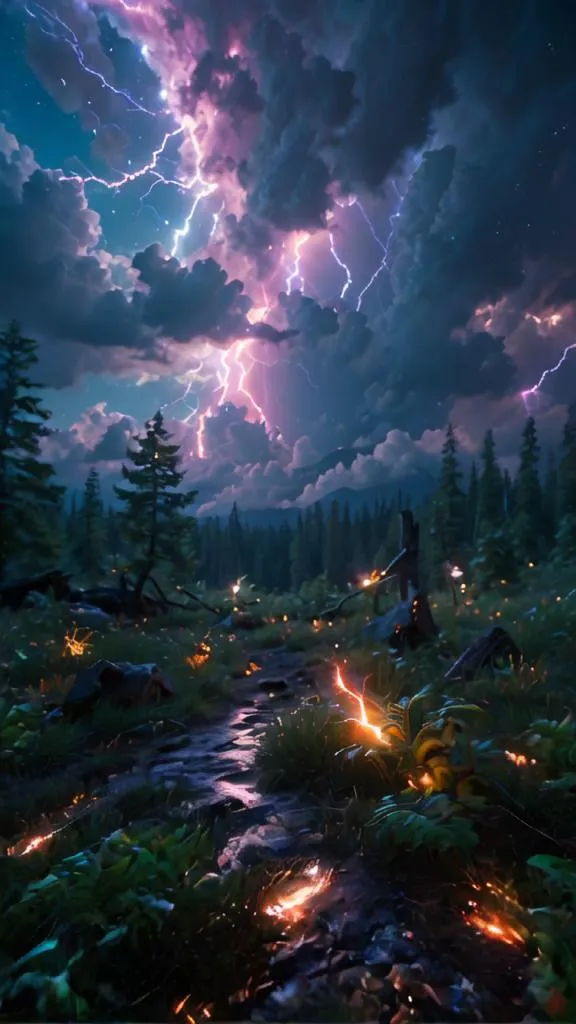 A raging storm sweeps across a dense forest, illuminating the inky darkness with brilliant flashes of lightning. The deafening thunderclaps echo through the valley, and the wind howls through the trees, whipping their branches into a frenzy. The forest floor is slick with rain, and the air is thick with the scent of petrichor. In the distance, a river rages, swollen with rainwater. The scene is one of raw power and beauty, and it is impossible to escape the feeling of awe that it inspires.