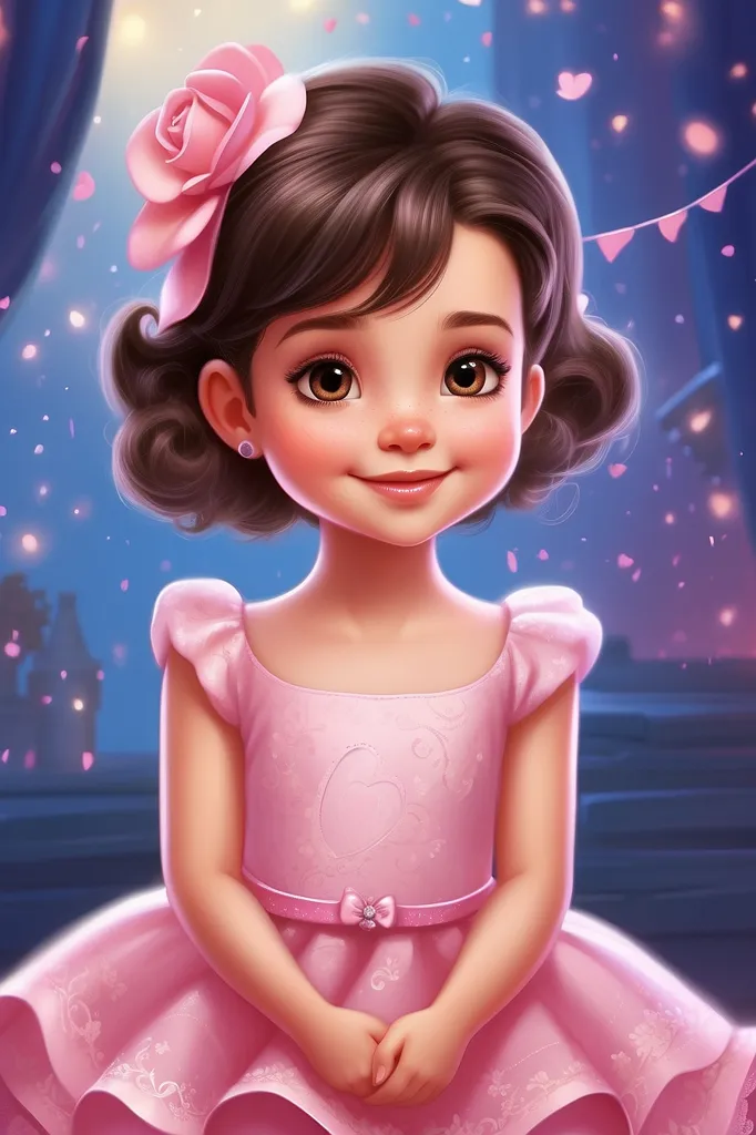 The little girl is wearing a cute pink dress with a big pink flower in her hair. She has brown hair and big brown eyes. She is smiling and looks very happy. There are pink sparkles all around her.