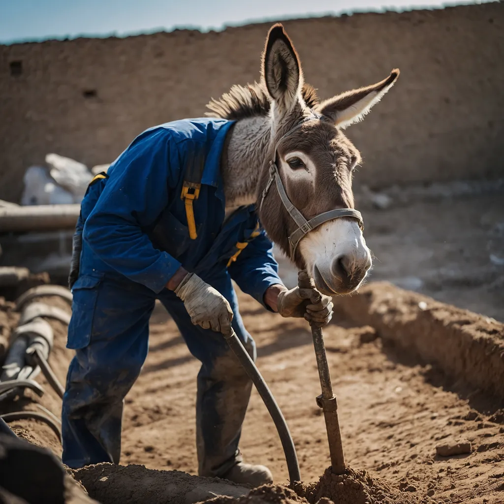 A donkey wearing a blue jumpsuit and gloves is digging a hole in the ground with a jackhammer. The donkey is standing on its hind legs and holding the jackhammer with its front legs. The donkey is wearing a serious expression on its face.