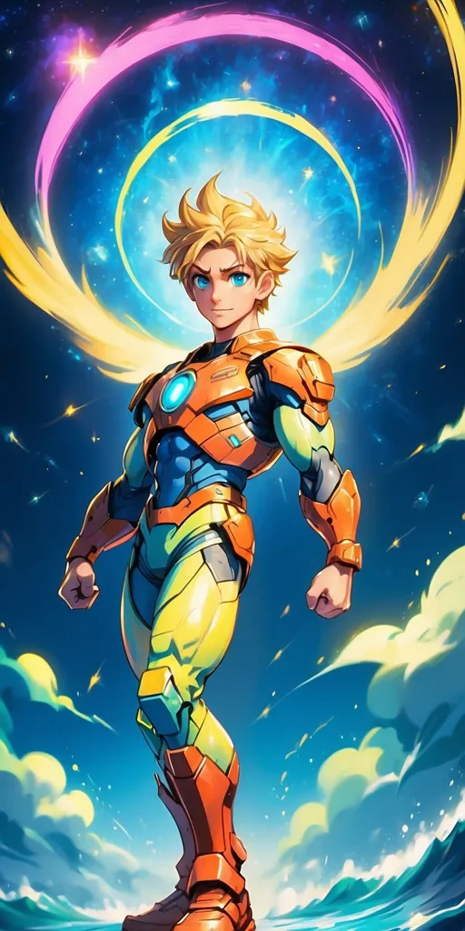 The picture shows a young superhero. He is wearing a yellow and orange suit of armor. The suit has a glowing blue circle on the chest. The superhero is standing on a beach. There is a sea behind him. The sky is blue and there are some clouds in the sky. The superhero is looking at the viewer. He has a confident expression on his face.